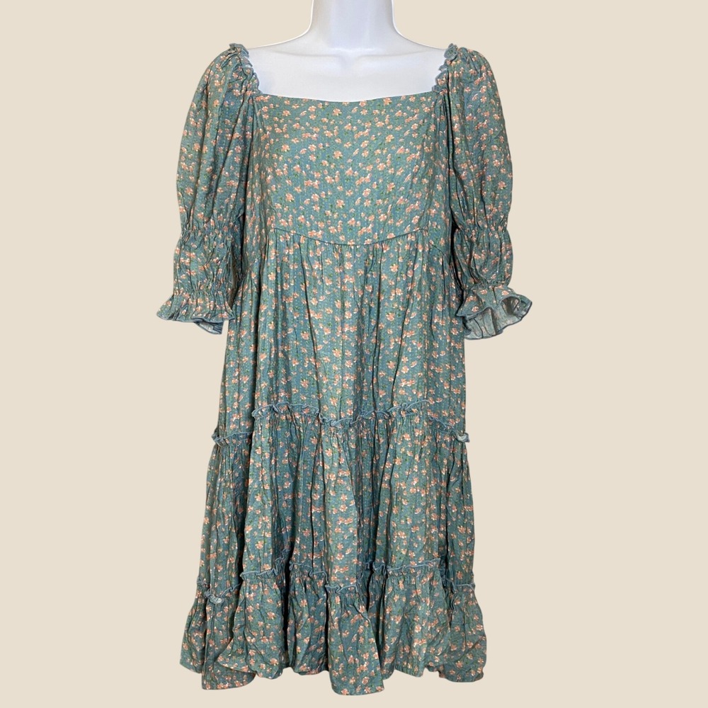 Easel Cottagecore Dress Large Bohemian Boho Puff Sleeve Smocked Milkmaid Prairie